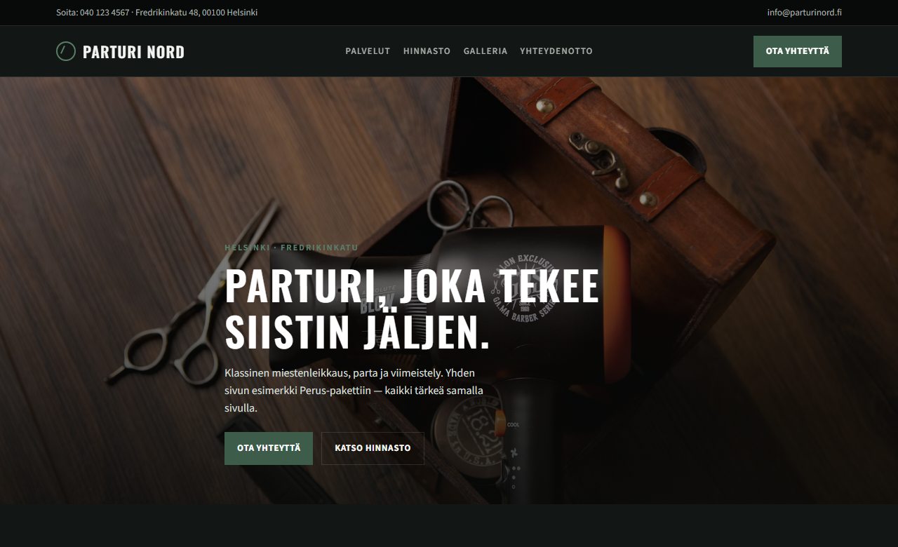 Perus-esimerkki: parturin nettisivut yhdellä sivulla