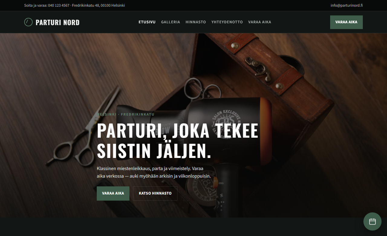 Pro-esimerkki: parturin nettisivut ajanvarauksella