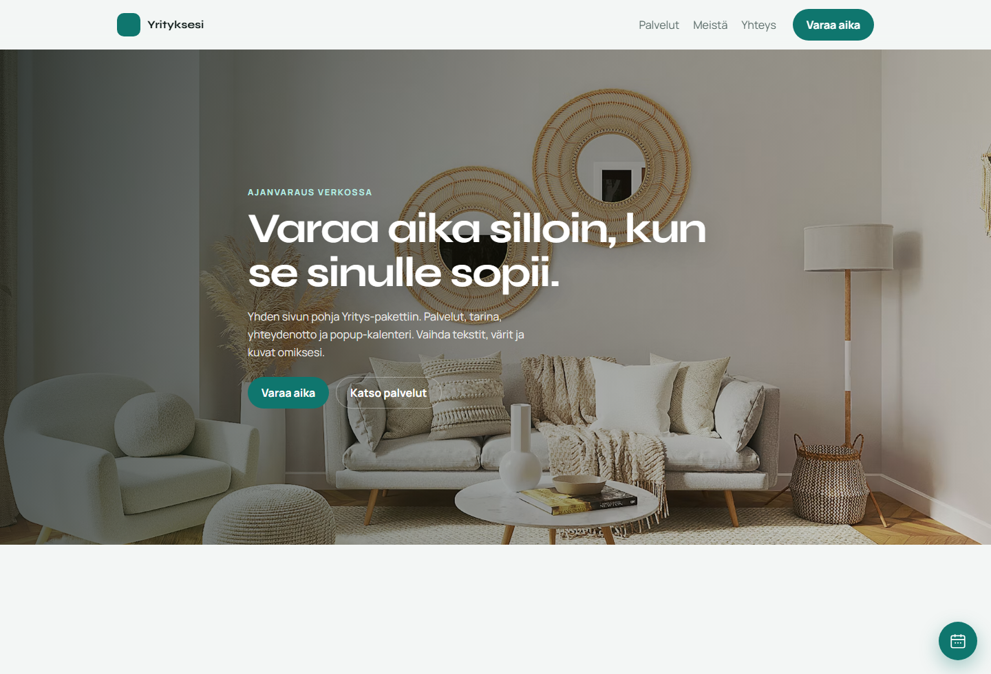 Pro-pohjan esikatselu: sivusto popup-varauskalenterilla